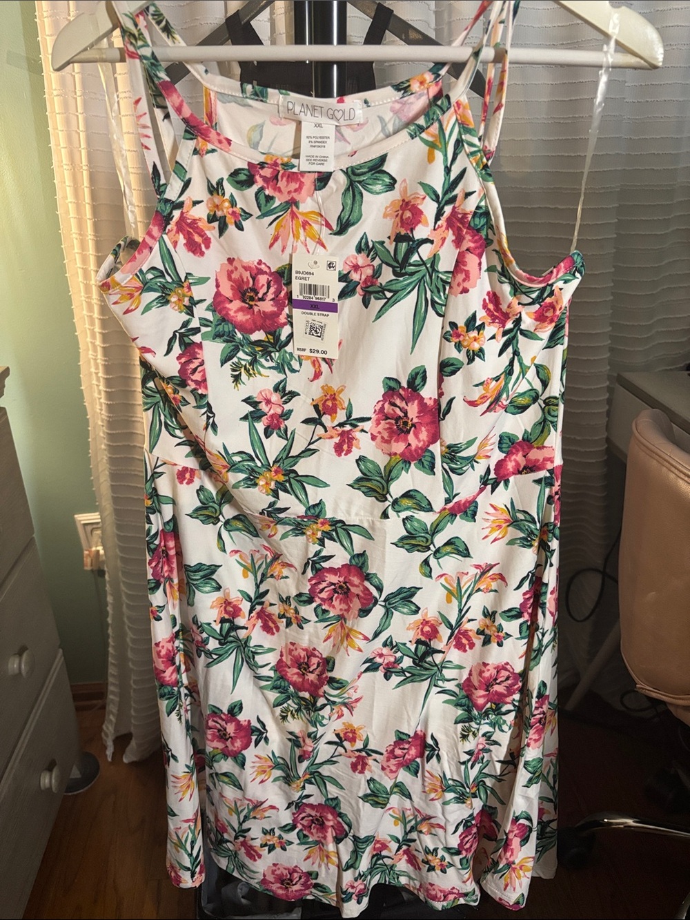 Planet Gold White Midi Dress with Pink Floral & Green Leaves